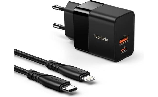 Mcdodo CH-1952 USB + USB-C wall charger, 20W + USB-C to Lightning cable (black)